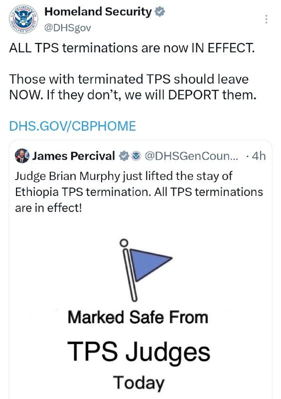 #USA🇺🇸 አሜሪካ ለኢትዮጵያውያን ሰጥታው የነበረው ከለላ (TPS) መቋረጥን ለጊዜው እንዳይተገበር የከለከለው የፍርድ ቤት እገዳ መነሳቱን ኤቢሲ ኒውስ ዘገበ።