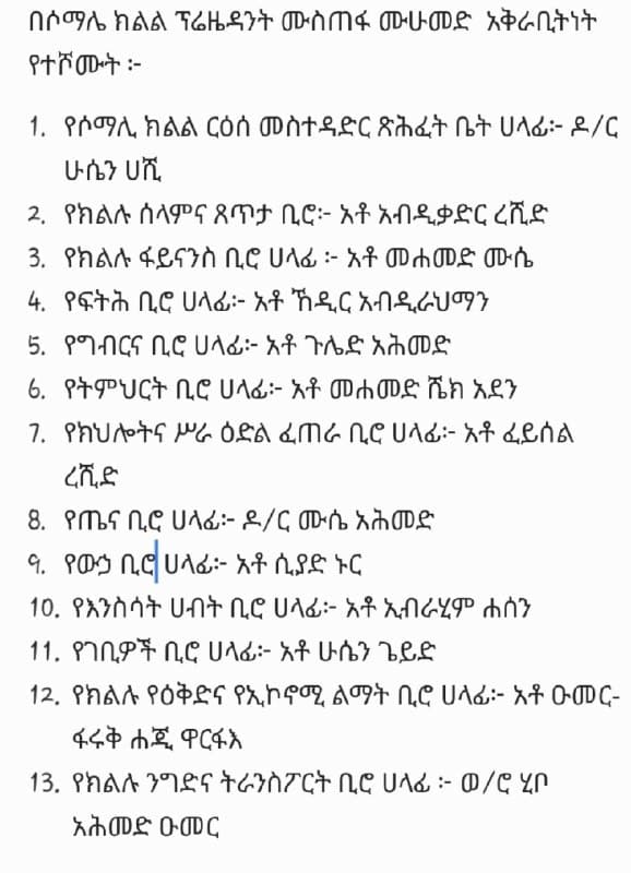 #SidamaRegion : በሲዳማ ክልል ፕሬዚዳንት ዶ/ር መሳይ ኃይሉ አቅራቢነት የተሾሙ የክልሉ ባለስልጣናት ዝርዝር